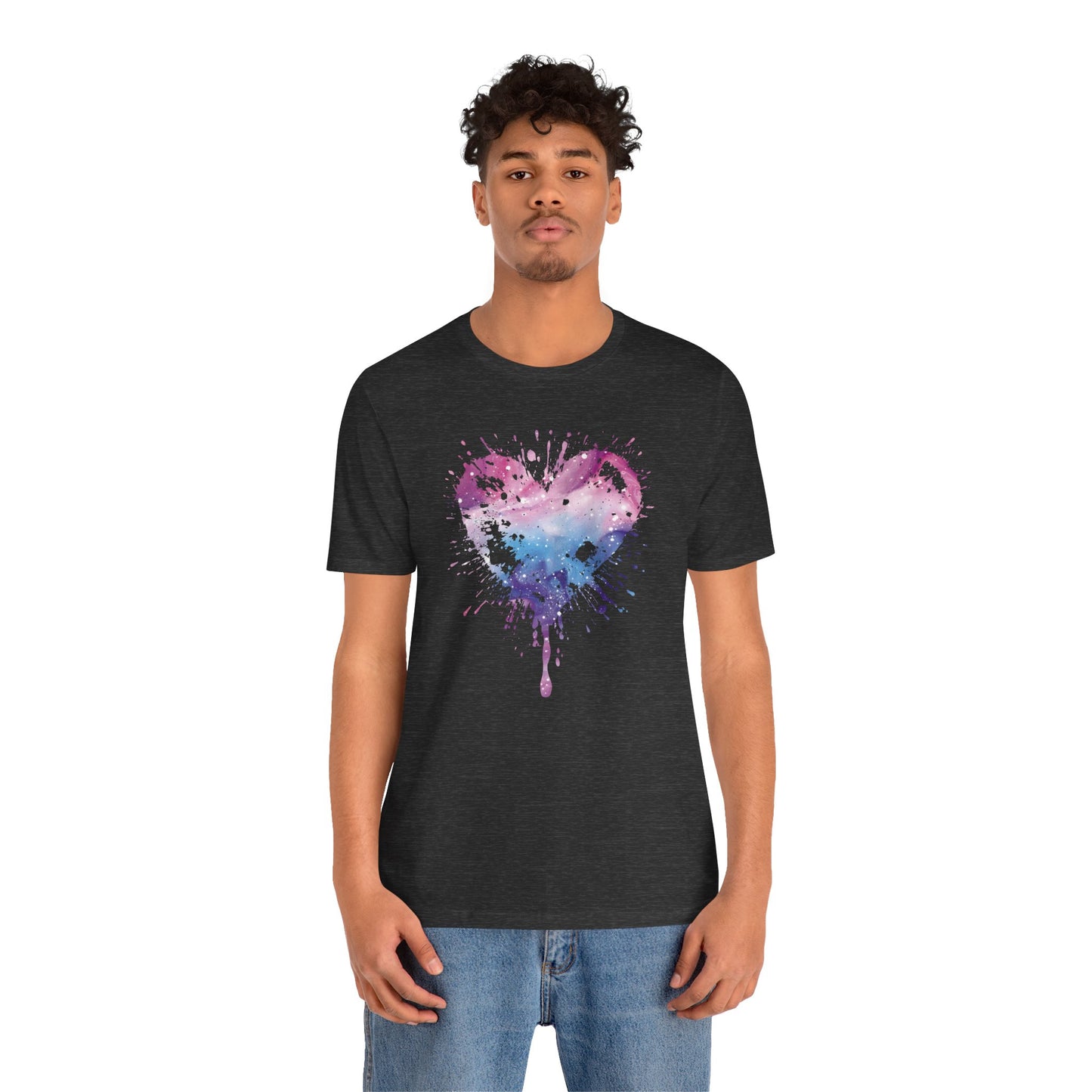 Watercolor Splatter Heart T‑Shirt — Galaxy Pink & Blue Drip Tee