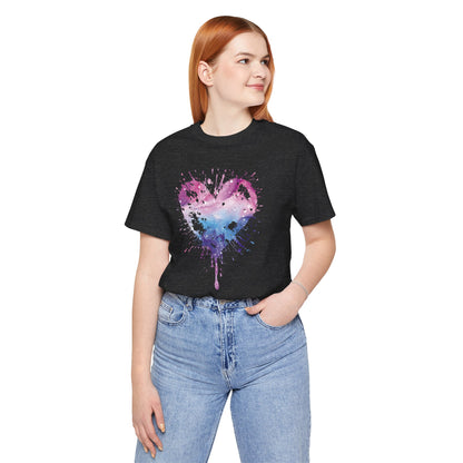 Watercolor Splatter Heart T‑Shirt — Galaxy Pink & Blue Drip Tee