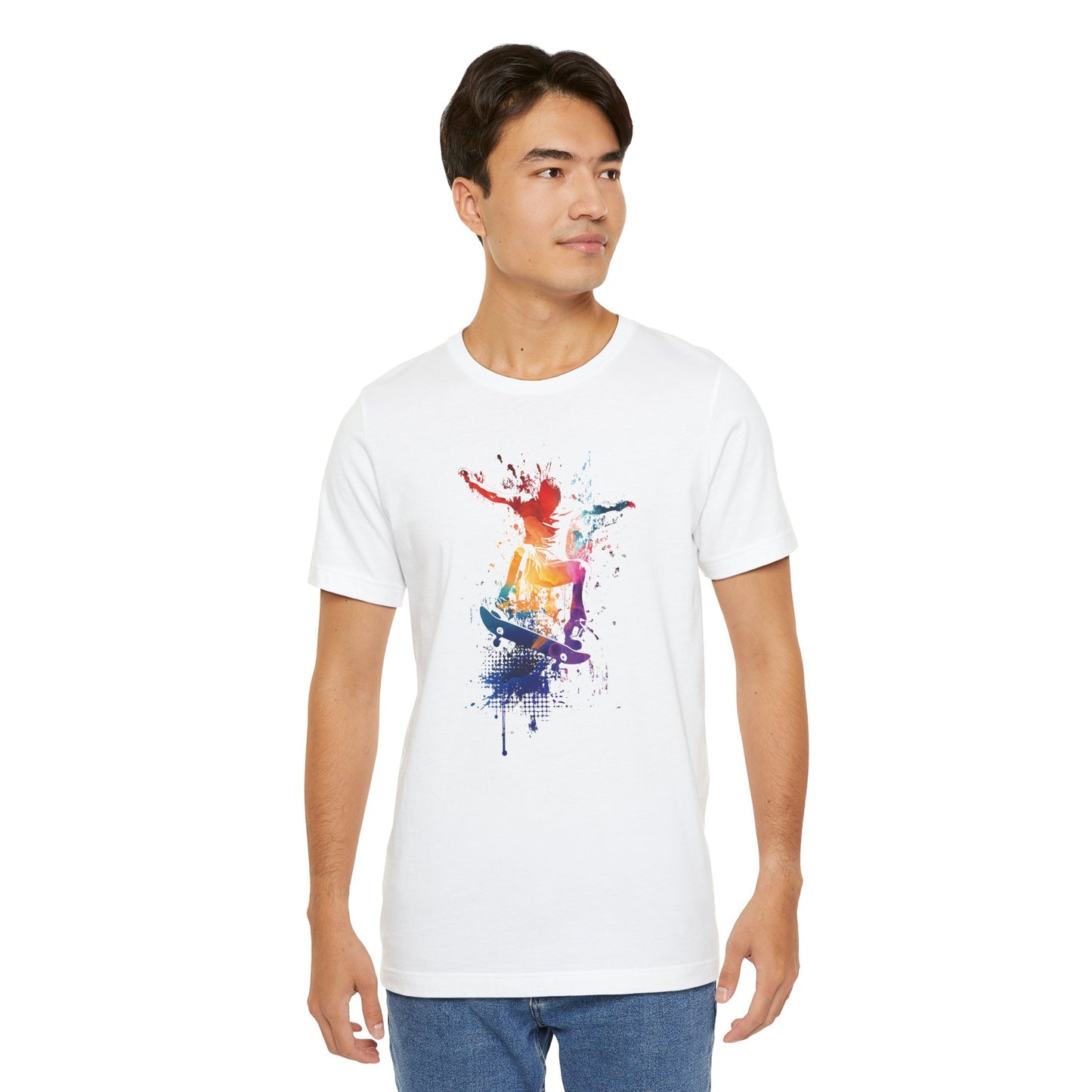Skateboard Splash Tee — Colorful Watercolor Skateboarder Graphic T‑Shirt