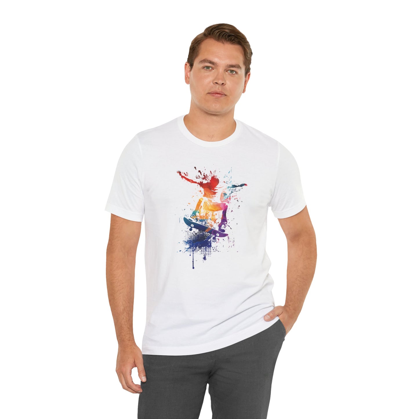 Skateboard Splash Tee — Colorful Watercolor Skateboarder Graphic T‑Shirt