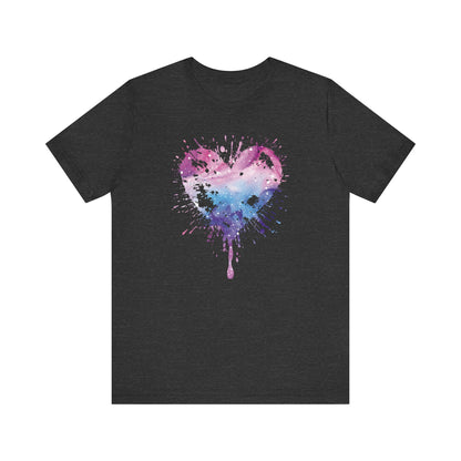 Watercolor Splatter Heart T‑Shirt — Galaxy Pink & Blue Drip Tee