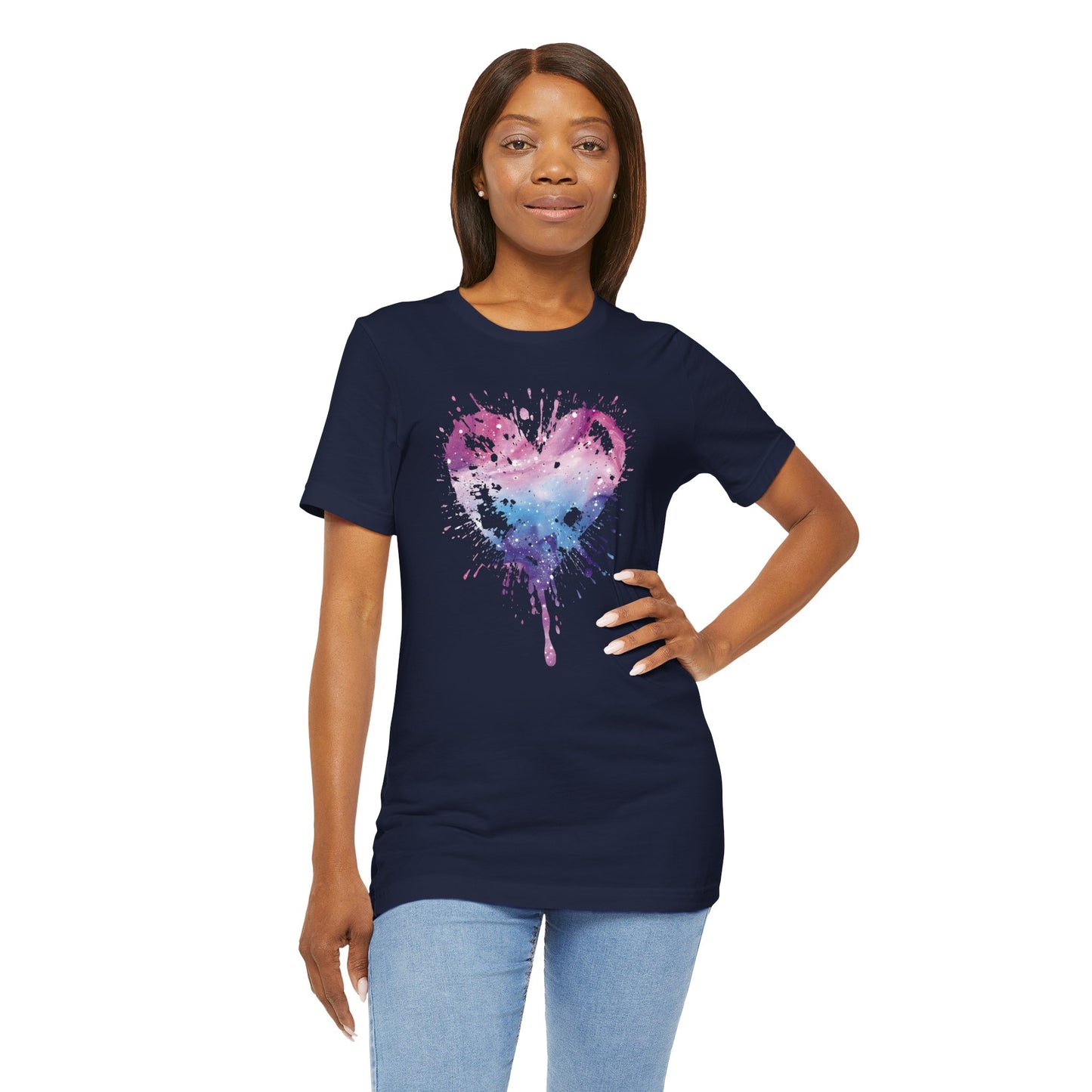 Watercolor Splatter Heart T‑Shirt — Galaxy Pink & Blue Drip Tee