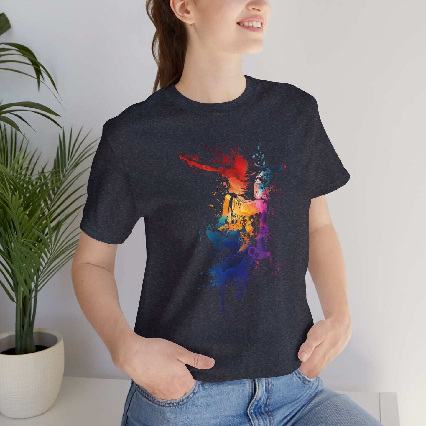 Skateboard Splash Tee — Colorful Watercolor Skateboarder Graphic T‑Shirt