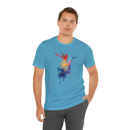 Skateboard Splash Tee — Colorful Watercolor Skateboarder Graphic T‑Shirt