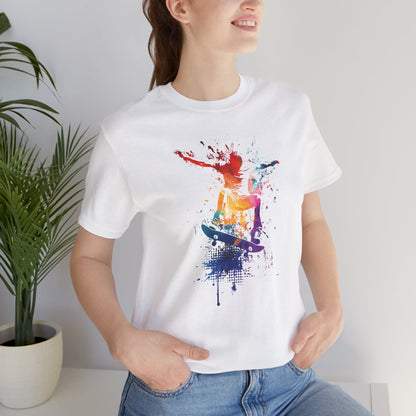 Skateboard Splash Tee — Colorful Watercolor Skateboarder Graphic T‑Shirt