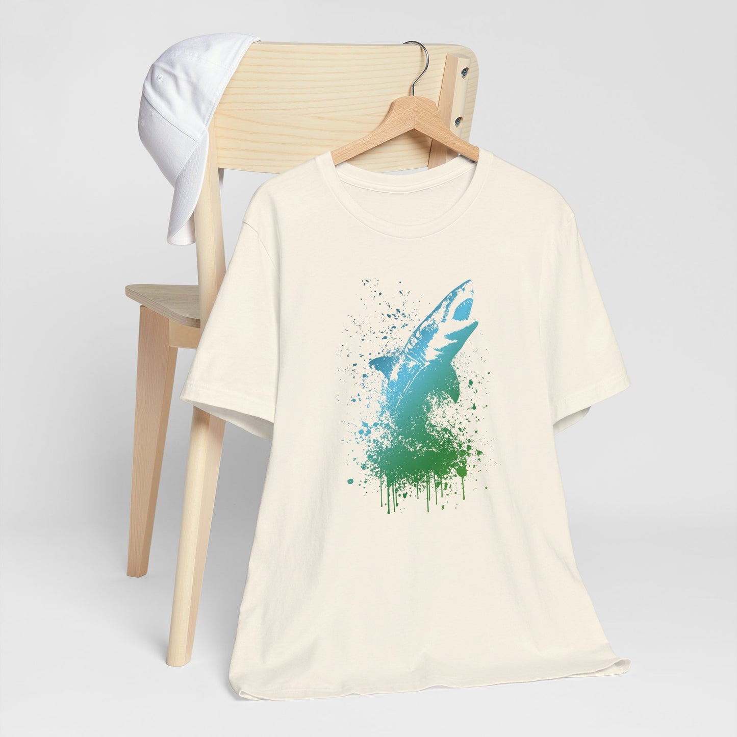 Great White Graphic Tee — Blue & Green Watercolor Shark T‑Shirt
