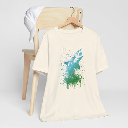 Great White Graphic Tee — Blue & Green Watercolor Shark T‑Shirt