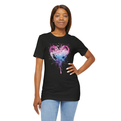 Watercolor Splatter Heart T‑Shirt — Galaxy Pink & Blue Drip Tee
