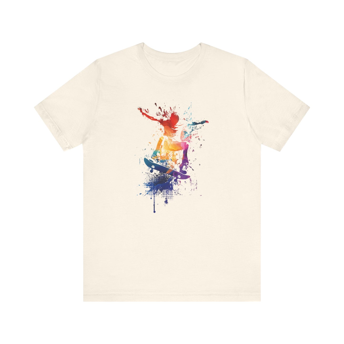 Skateboard Splash Tee — Colorful Watercolor Skateboarder Graphic T‑Shirt