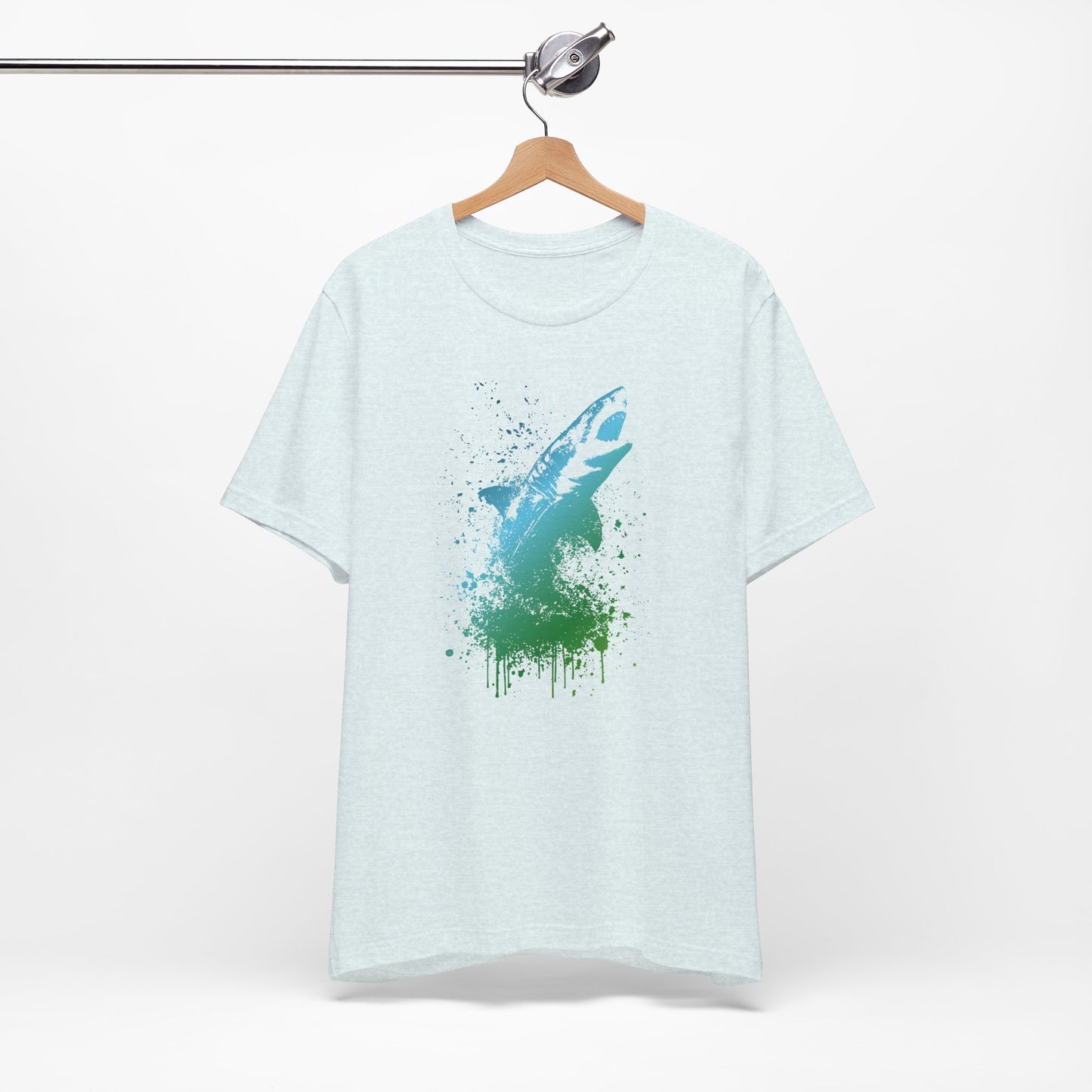 Great White Graphic Tee — Blue & Green Watercolor Shark T‑Shirt