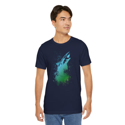 Great White Graphic Tee — Blue & Green Watercolor Shark T‑Shirt