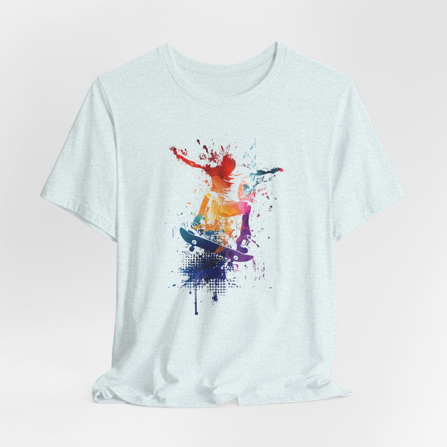 Skateboard Splash Tee — Colorful Watercolor Skateboarder Graphic T‑Shirt