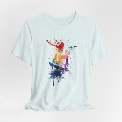 Skateboard Splash Tee — Colorful Watercolor Skateboarder Graphic T‑Shirt