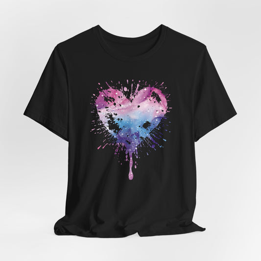 Watercolor Splatter Heart T‑Shirt — Galaxy Pink & Blue Drip Tee