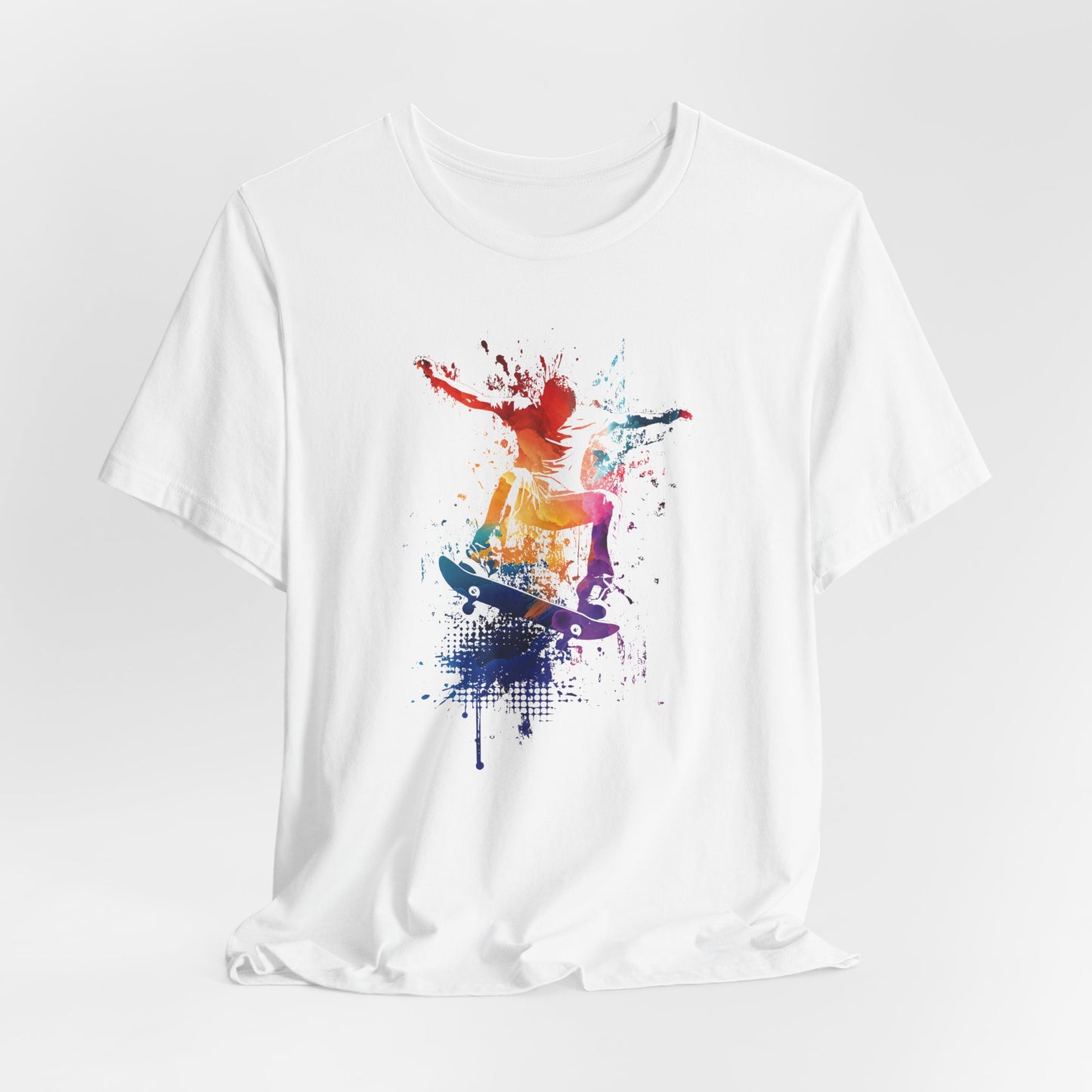 Skateboard Splash Tee — Colorful Watercolor Skateboarder Graphic T‑Shirt
