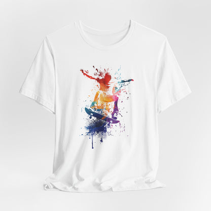 Skateboard Splash Tee — Colorful Watercolor Skateboarder Graphic T‑Shirt