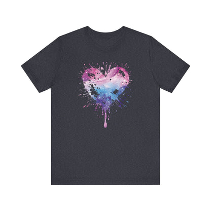 Watercolor Splatter Heart T‑Shirt — Galaxy Pink & Blue Drip Tee