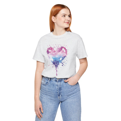 Watercolor Splatter Heart T‑Shirt — Galaxy Pink & Blue Drip Tee
