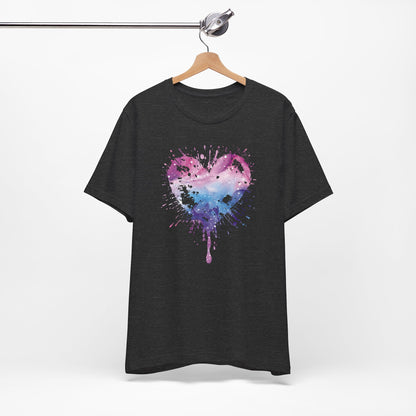 Watercolor Splatter Heart T‑Shirt — Galaxy Pink & Blue Drip Tee