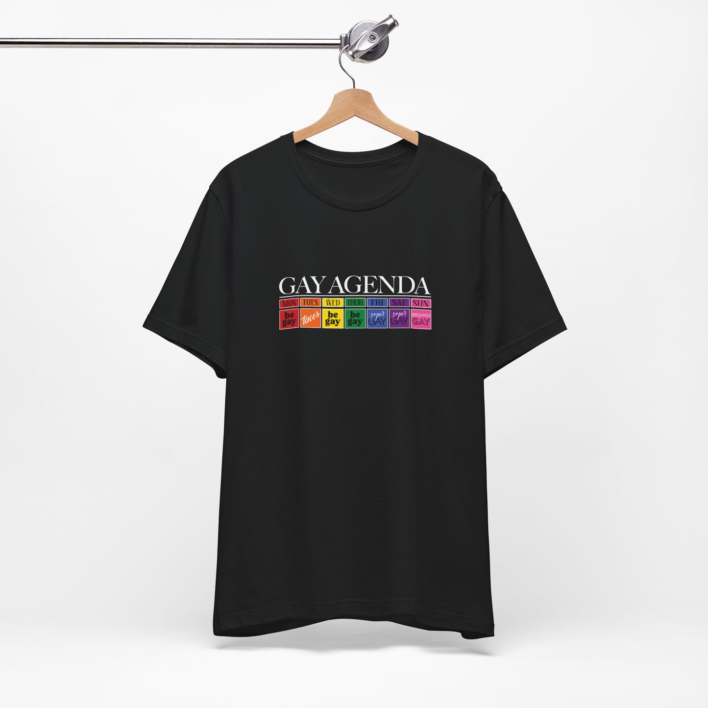 Gay Agenda Rainbow Graphic Tee — LGBTQ+ Pride Short Sleeve Shirt
