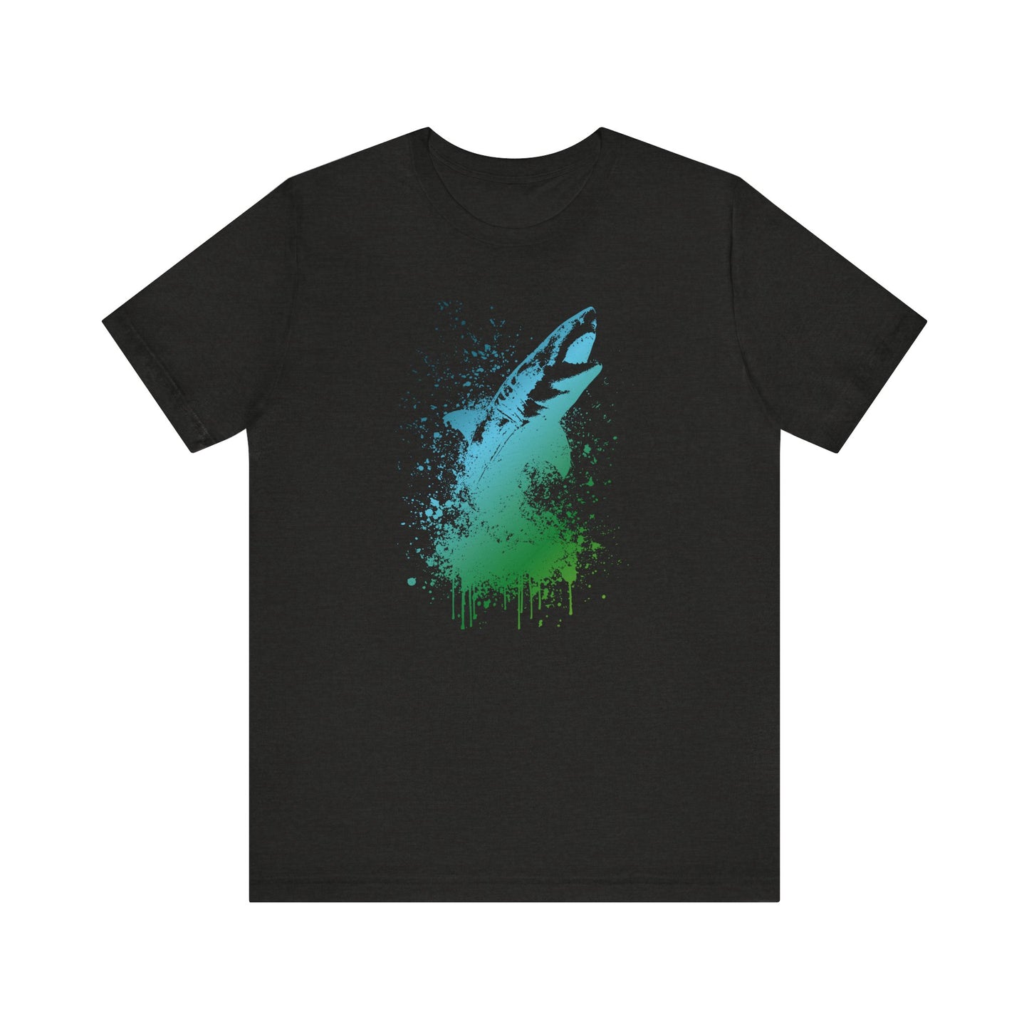 Great White Graphic Tee — Blue & Green Watercolor Shark T‑Shirt