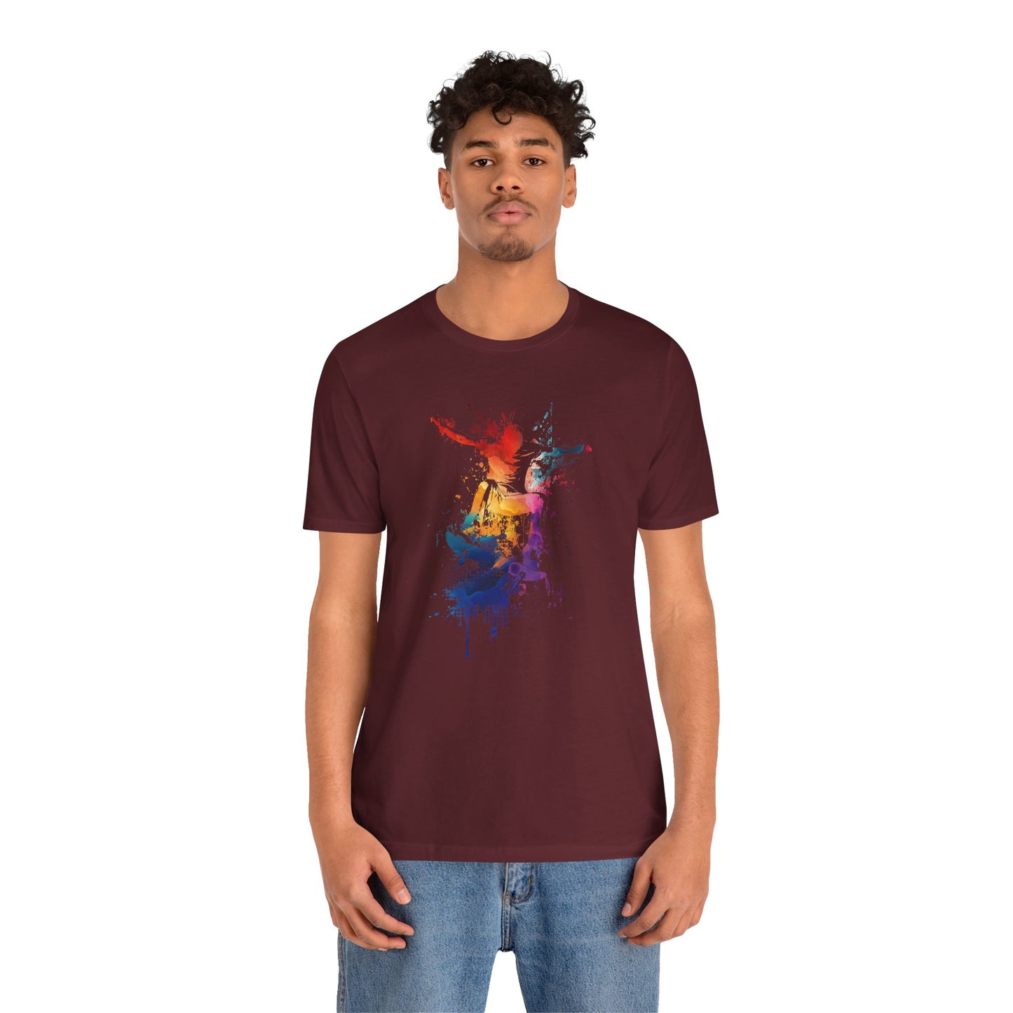 Skateboard Splash Tee — Colorful Watercolor Skateboarder Graphic T‑Shirt
