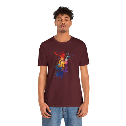 Skateboard Splash Tee — Colorful Watercolor Skateboarder Graphic T‑Shirt