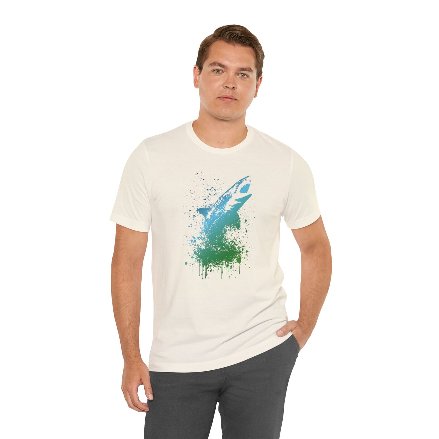Great White Graphic Tee — Blue & Green Watercolor Shark T‑Shirt