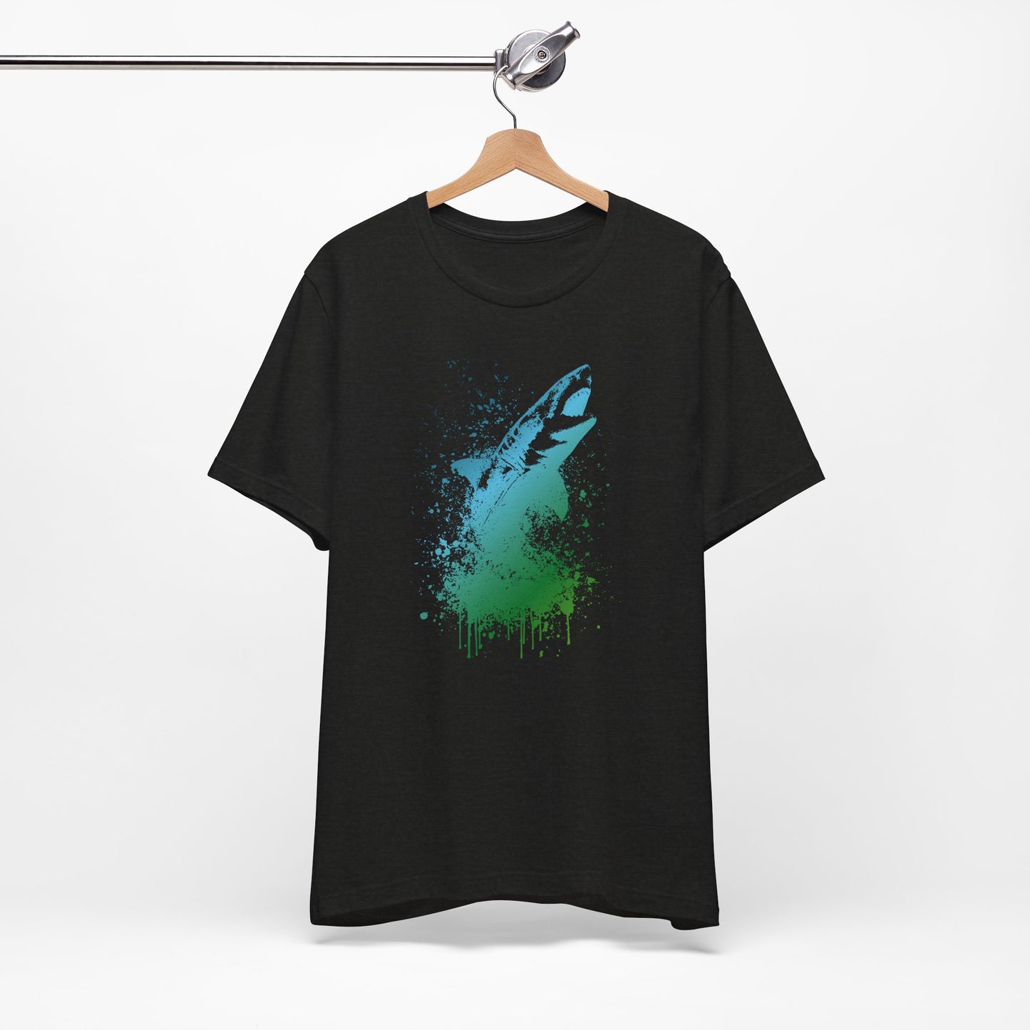 Great White Graphic Tee — Blue & Green Watercolor Shark T‑Shirt