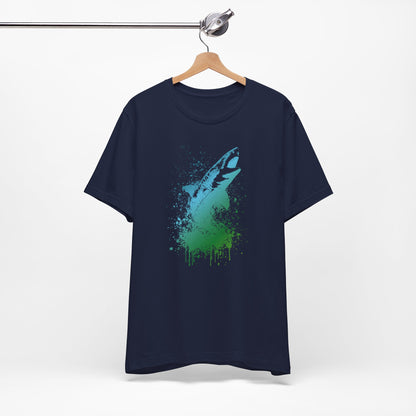 Great White Graphic Tee — Blue & Green Watercolor Shark T‑Shirt