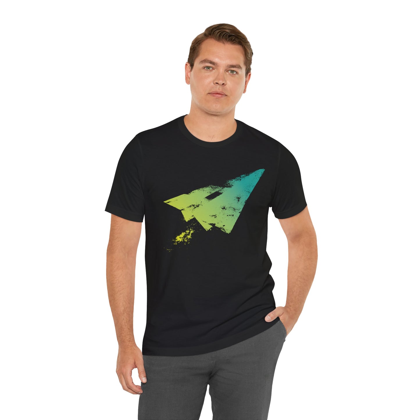 Paper Airplane Graphic Tee — Green Gradient Flight T‑Shirt