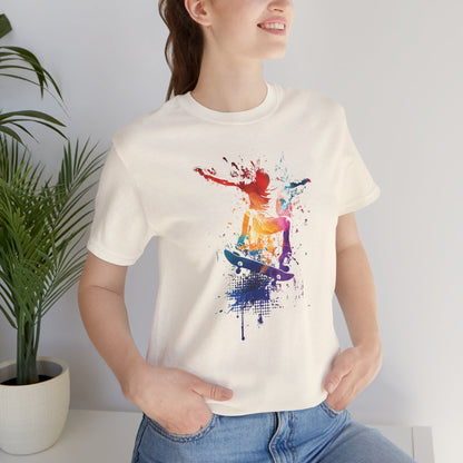 Skateboard Splash Tee — Colorful Watercolor Skateboarder Graphic T‑Shirt