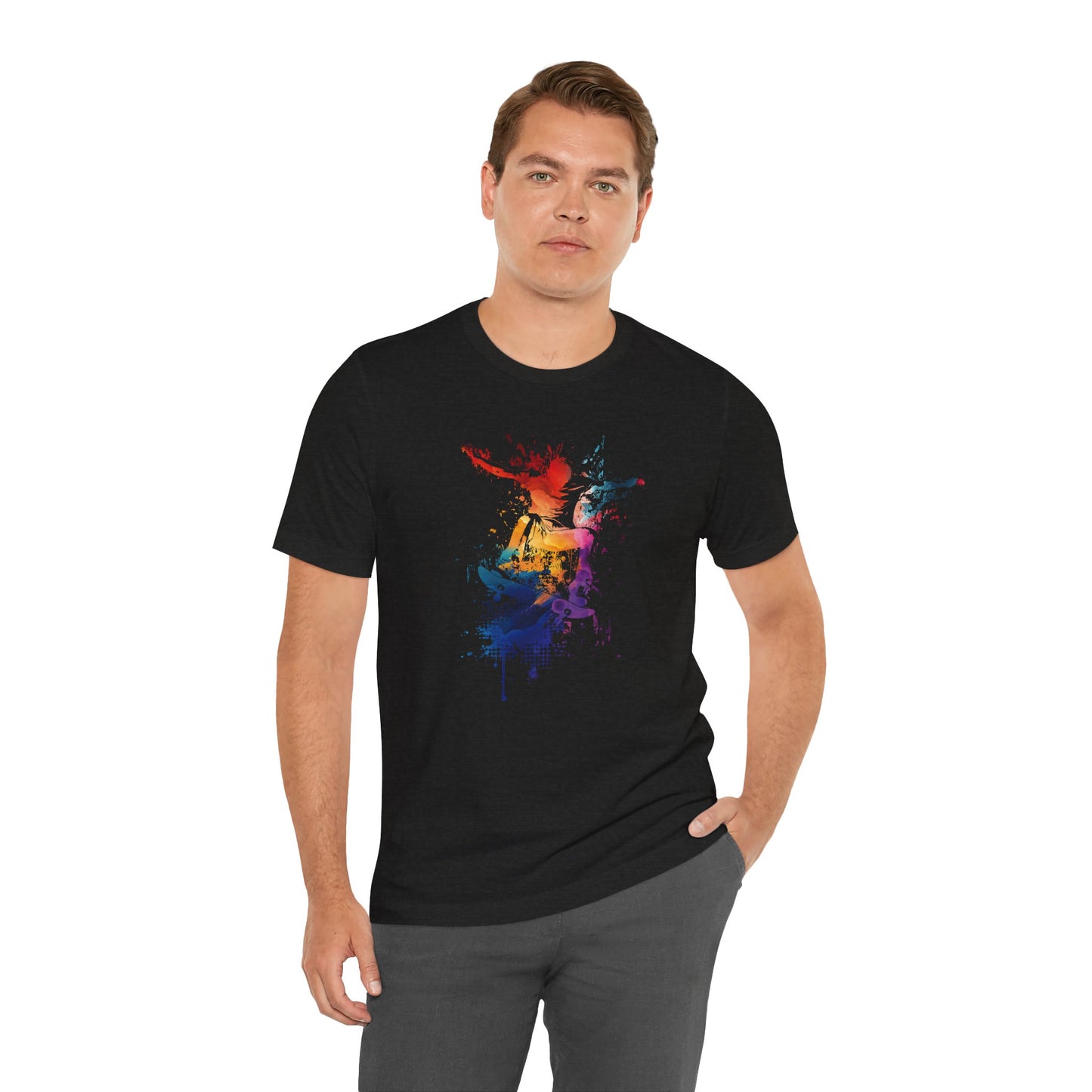 Skateboard Splash Tee — Colorful Watercolor Skateboarder Graphic T‑Shirt