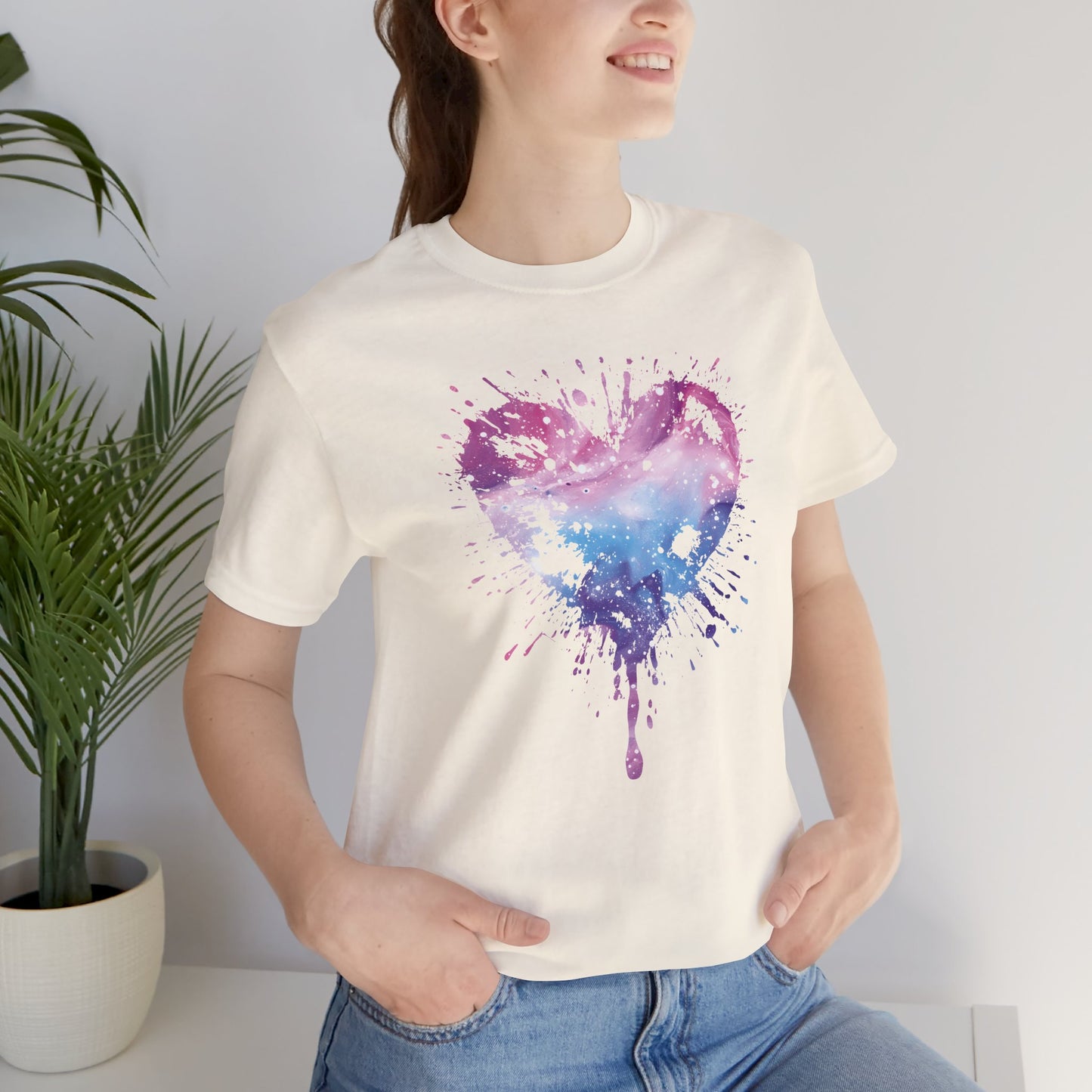Watercolor Splatter Heart T‑Shirt — Galaxy Pink & Blue Drip Tee