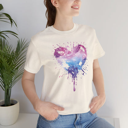 Watercolor Splatter Heart T‑Shirt — Galaxy Pink & Blue Drip Tee