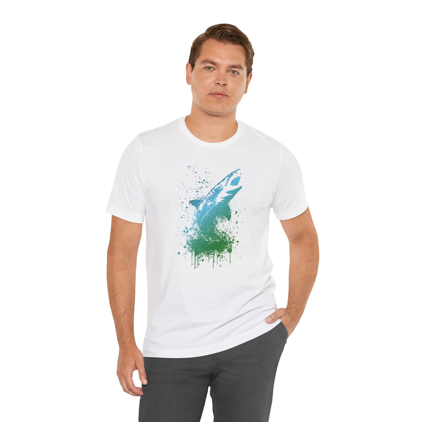 Great White Graphic Tee — Blue & Green Watercolor Shark T‑Shirt