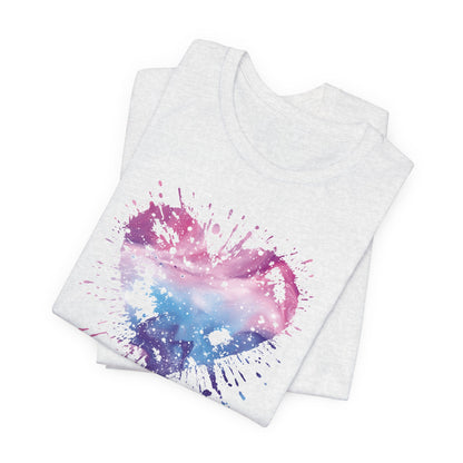 Watercolor Splatter Heart T‑Shirt — Galaxy Pink & Blue Drip Tee