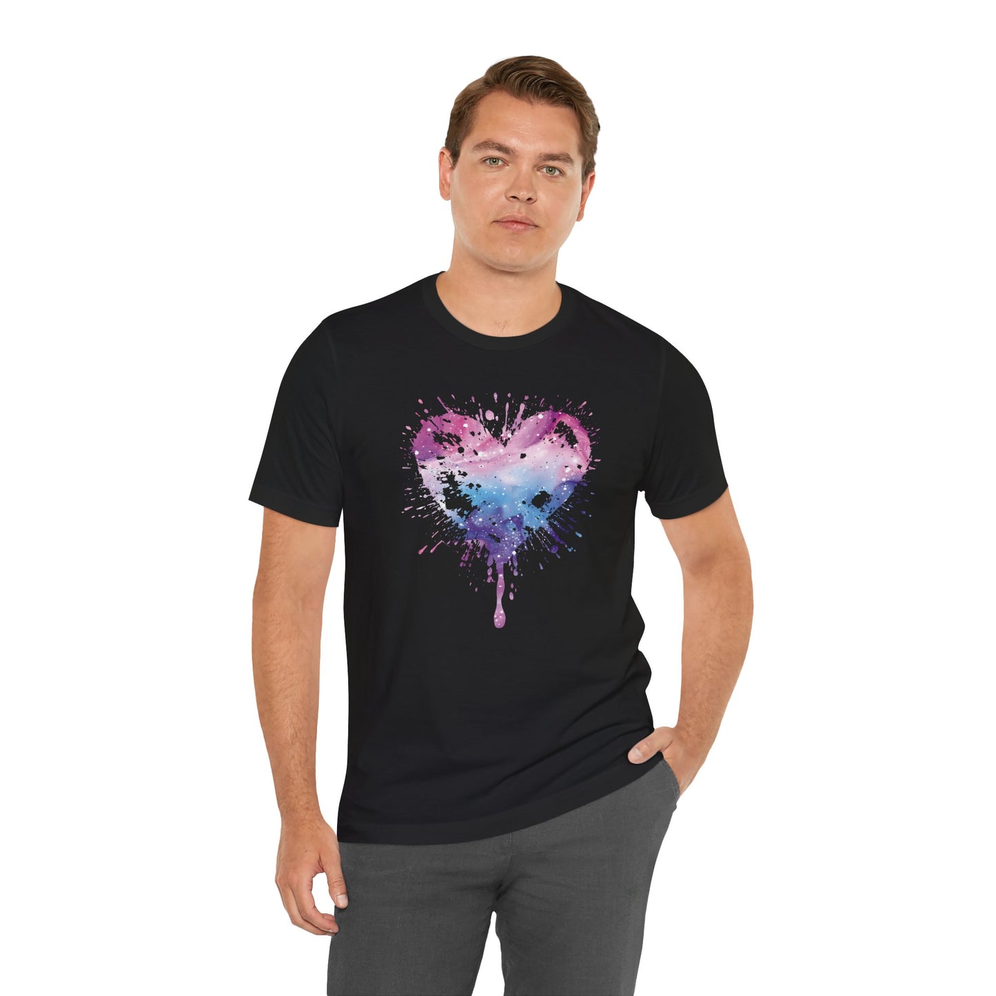 Watercolor Splatter Heart T‑Shirt — Galaxy Pink & Blue Drip Tee