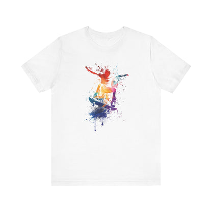 Skateboard Splash Tee — Colorful Watercolor Skateboarder Graphic T‑Shirt