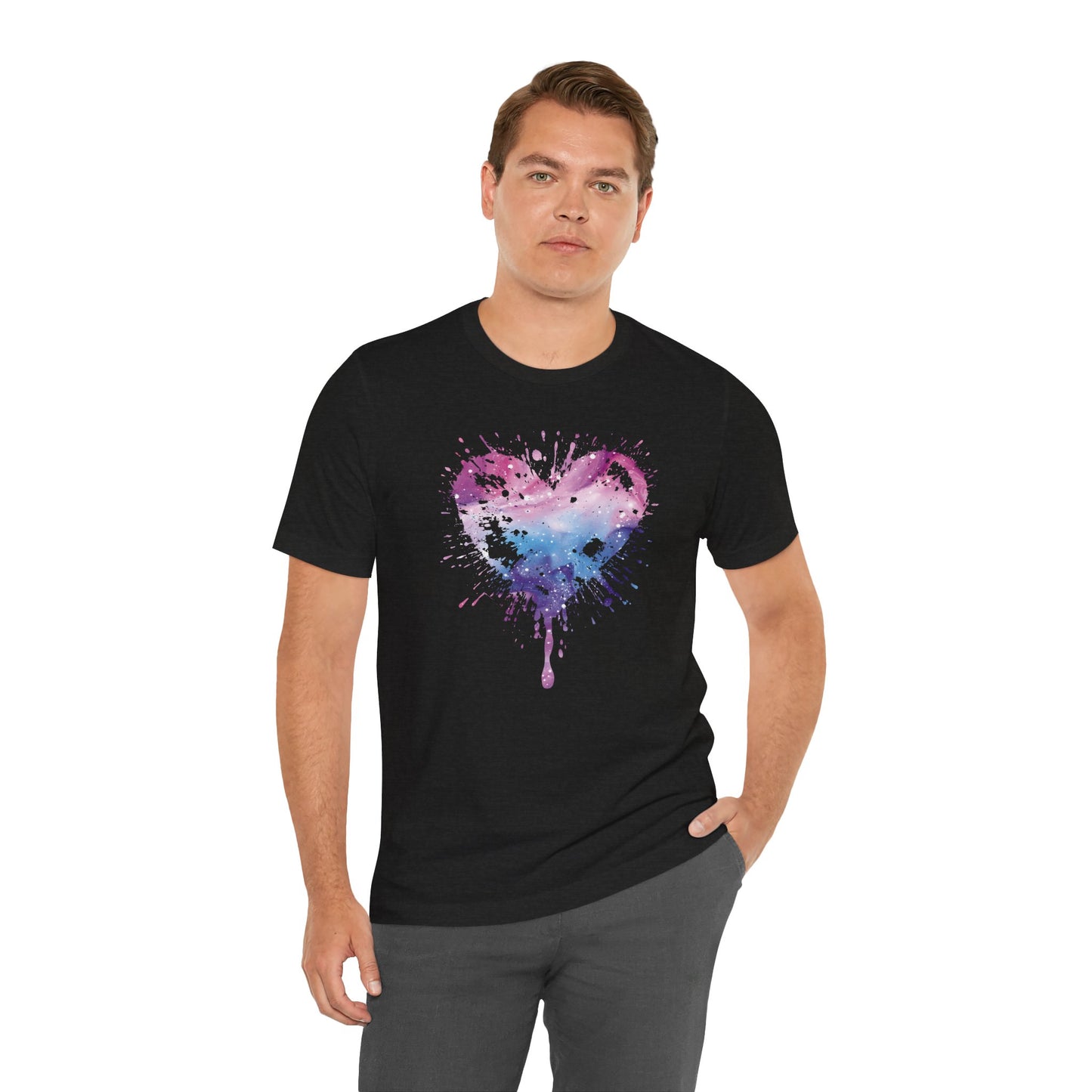 Watercolor Splatter Heart T‑Shirt — Galaxy Pink & Blue Drip Tee