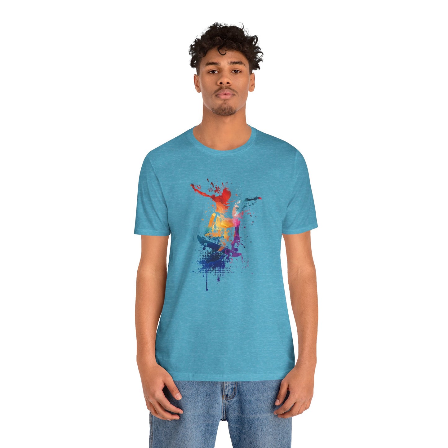 Skateboard Splash Tee — Colorful Watercolor Skateboarder Graphic T‑Shirt