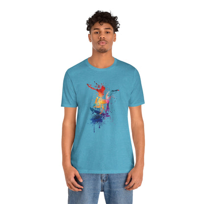 Skateboard Splash Tee — Colorful Watercolor Skateboarder Graphic T‑Shirt