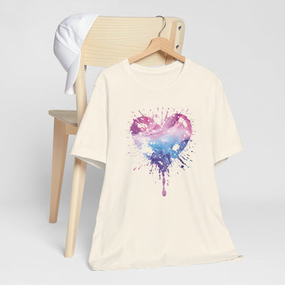 Watercolor Splatter Heart T‑Shirt — Galaxy Pink & Blue Drip Tee