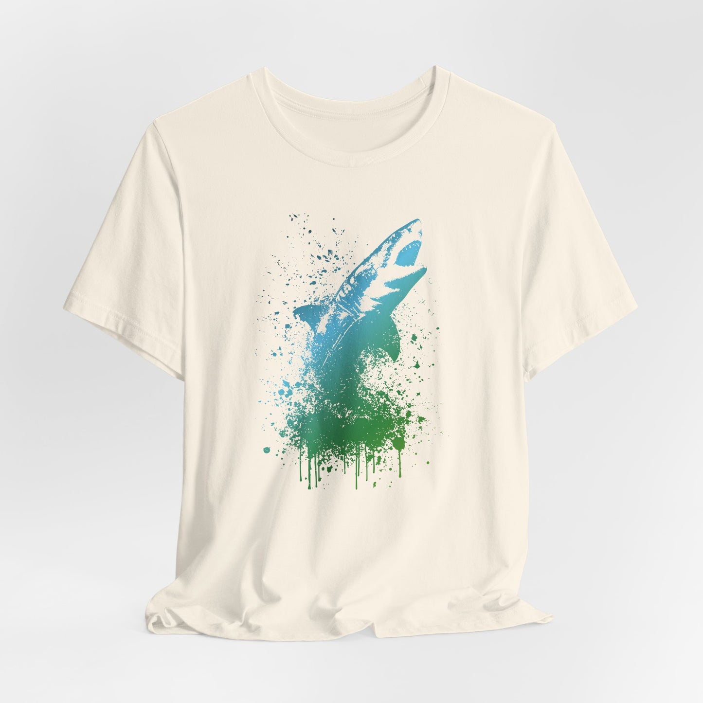 Great White Graphic Tee — Blue & Green Watercolor Shark T‑Shirt