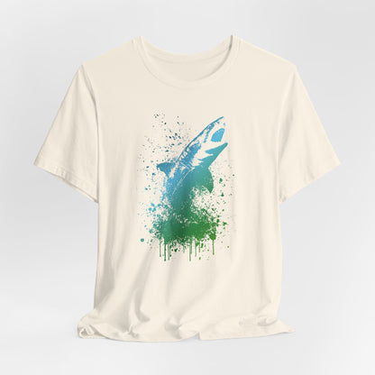 Great White Graphic Tee — Blue & Green Watercolor Shark T‑Shirt