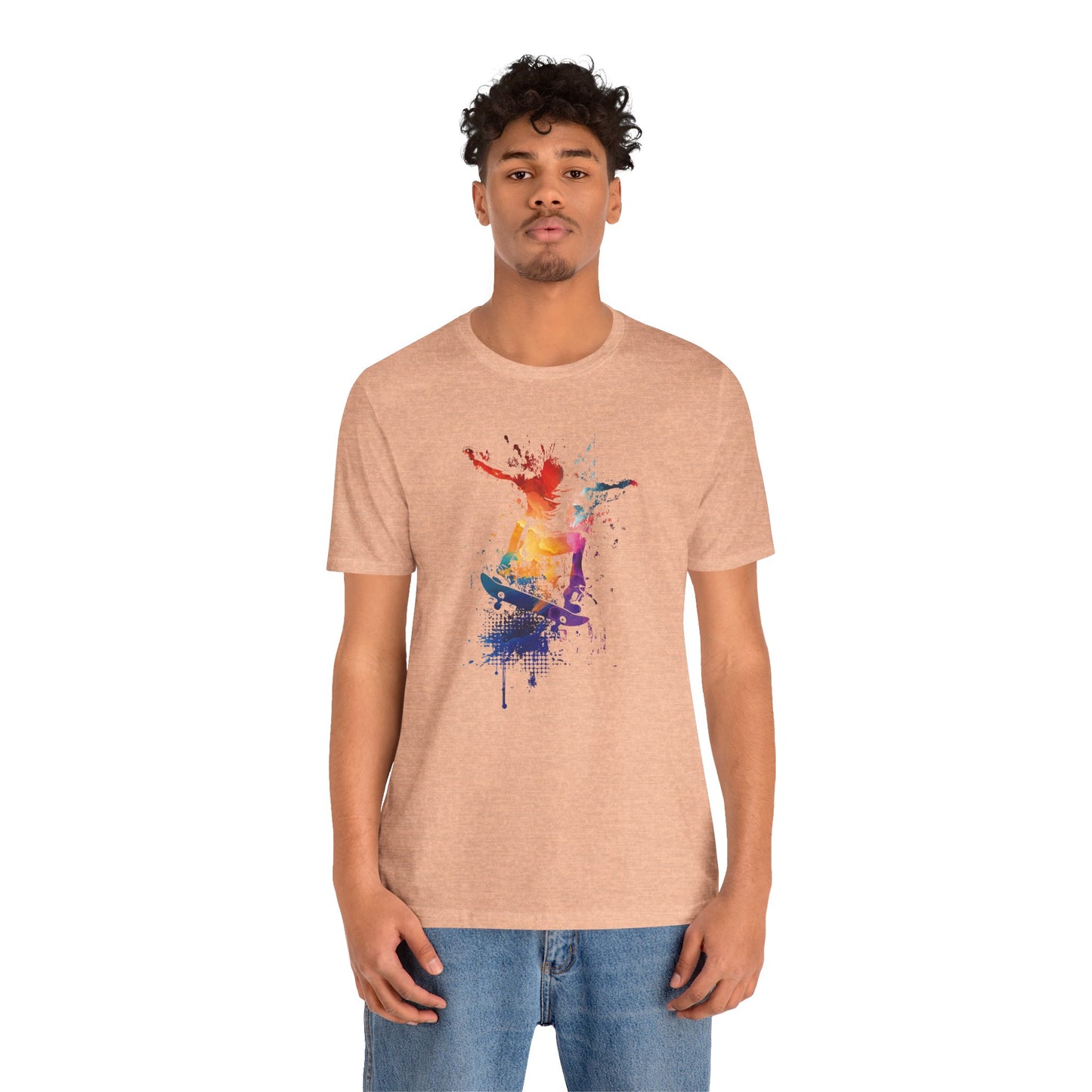 Skateboard Splash Tee — Colorful Watercolor Skateboarder Graphic T‑Shirt