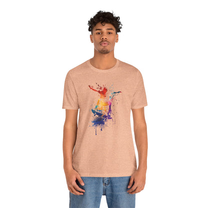 Skateboard Splash Tee — Colorful Watercolor Skateboarder Graphic T‑Shirt