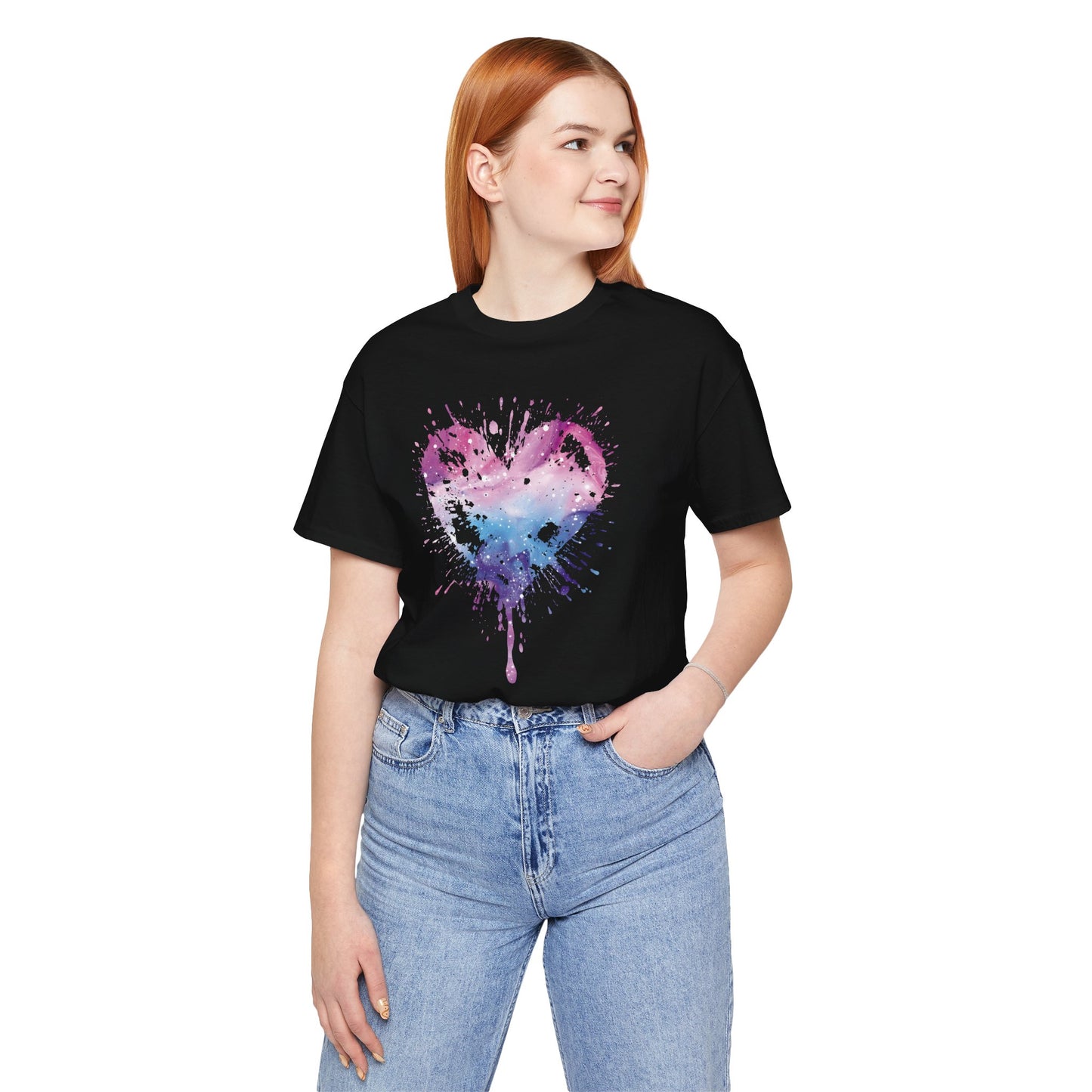 Watercolor Splatter Heart T‑Shirt — Galaxy Pink & Blue Drip Tee