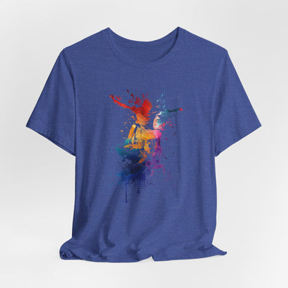 Skateboard Splash Tee — Colorful Watercolor Skateboarder Graphic T‑Shirt