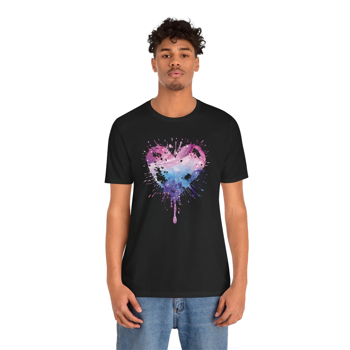 Watercolor Splatter Heart T‑Shirt — Galaxy Pink & Blue Drip Tee